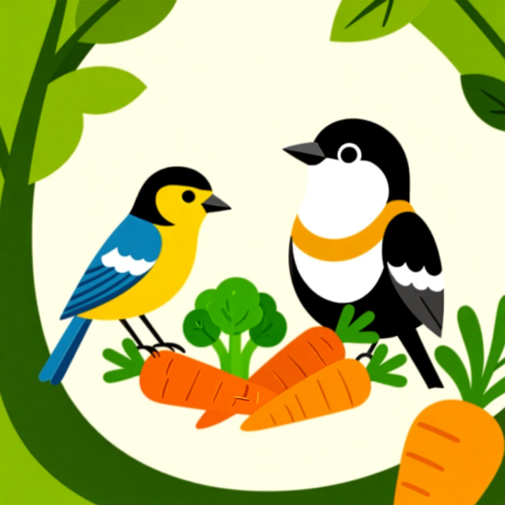 AI generated image: picture about bird care. picture style: comic introduction seasonal veggie rotation, high quality, d