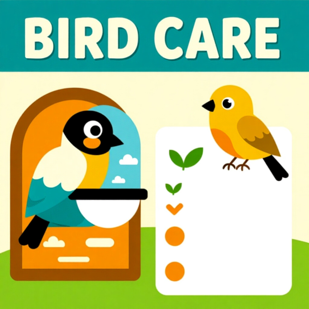 AI generated image: picture about bird care. picture style: comic introduction fosterfirst checklist preparing, high qua
