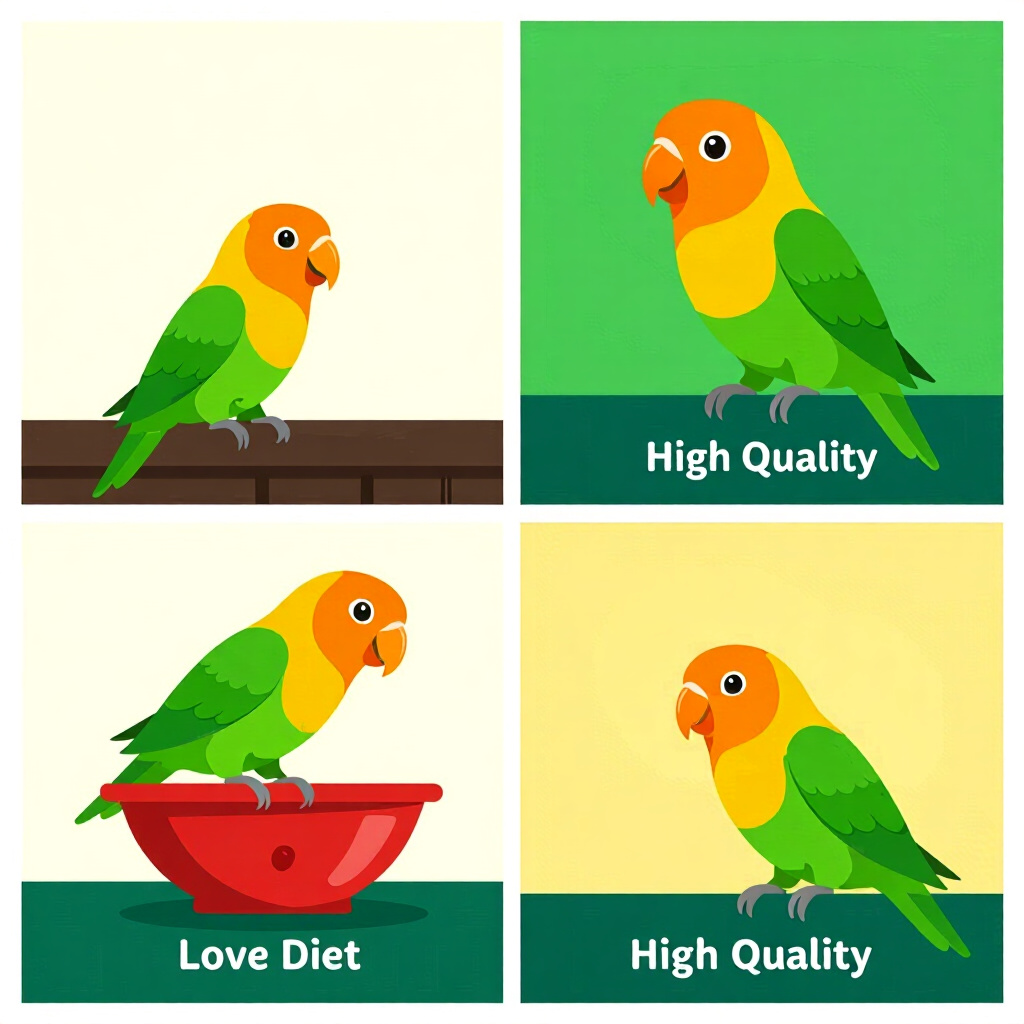 AI生成された鳥: 鳥のケアに関する画像。画像スタイル: コミック はじめに 完全ラブバードダイエット、高品質、詳細