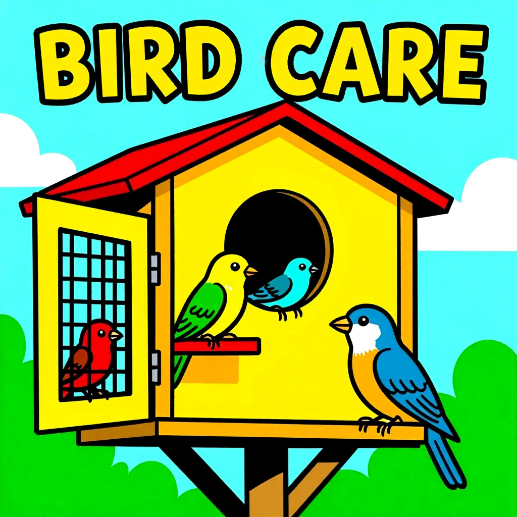 AI generated image: picture about bird care. picture style: comic building aviary handson stepbystep guide setting, high