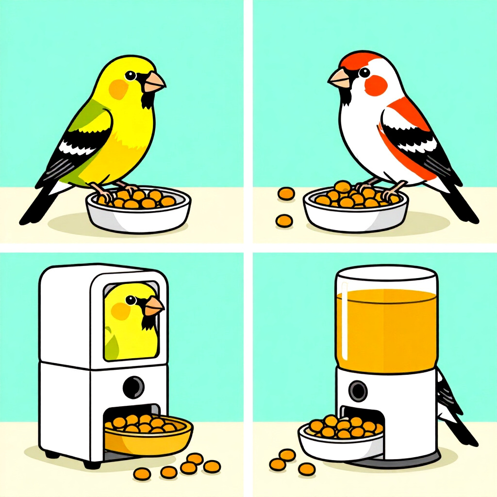 AI generated finch: picture about bird care. picture style: comic five datadriven nuggets finch timed food dispensers, h