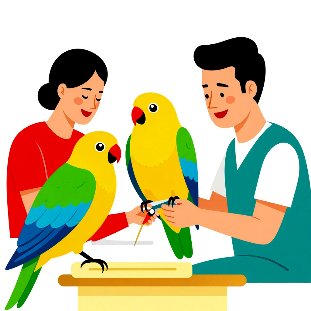 AI generated bird: picture about bird care. picture style: comic three pillars lowstress bird owners painfree nail trim