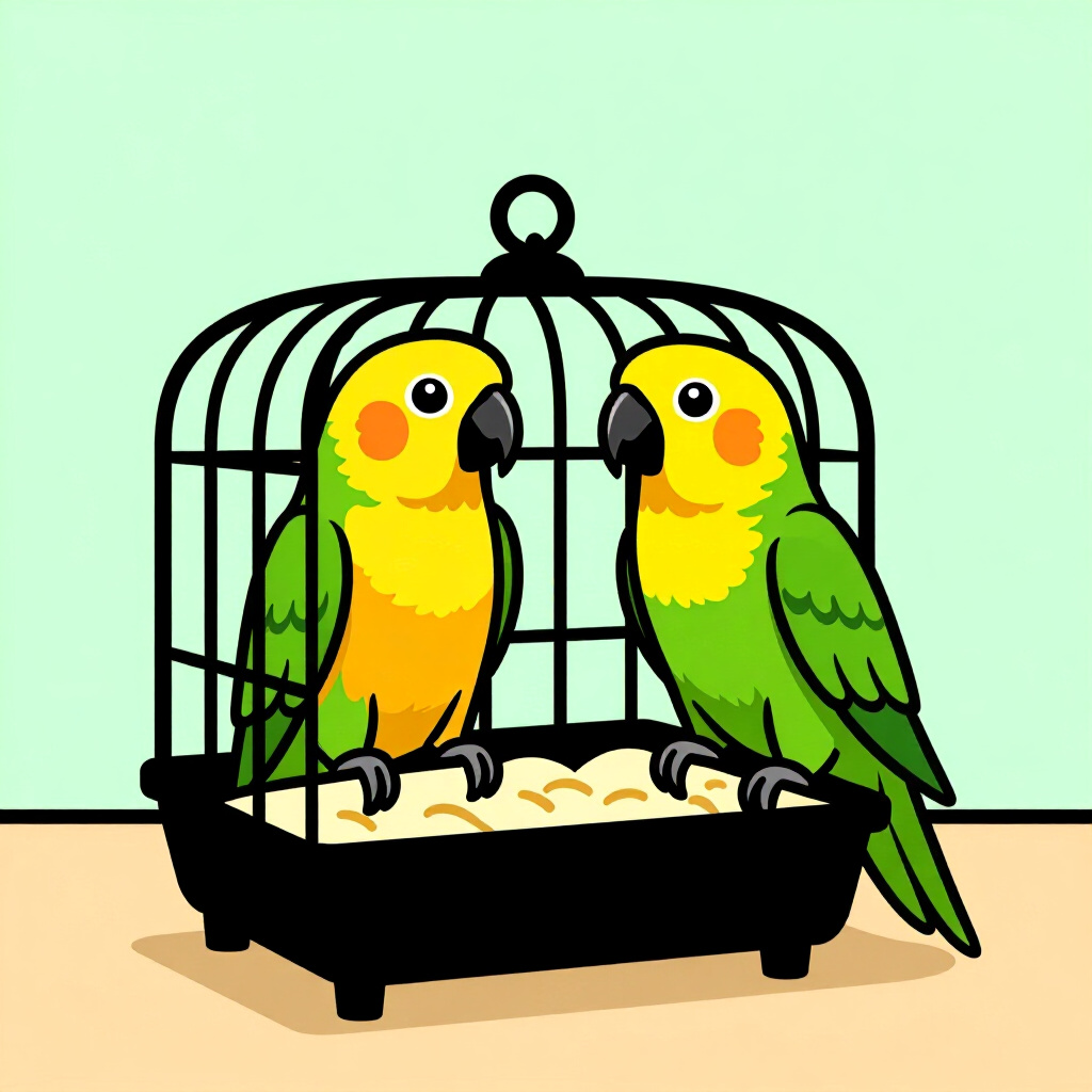 AI生成オウム: 鳥のケアに関する画像。画像スタイル: コミック実用的なヒント コンジュール オウム 小型ケージ サイズ設定 高画質