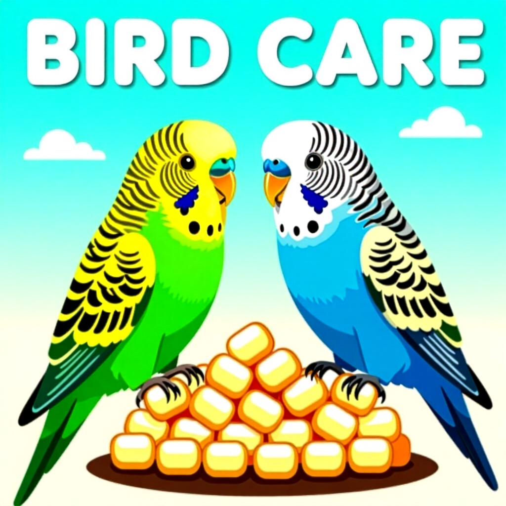 AI generated image: picture about bird care. picture style: comic pellets have gained balanced budgerigar nutrition, hig