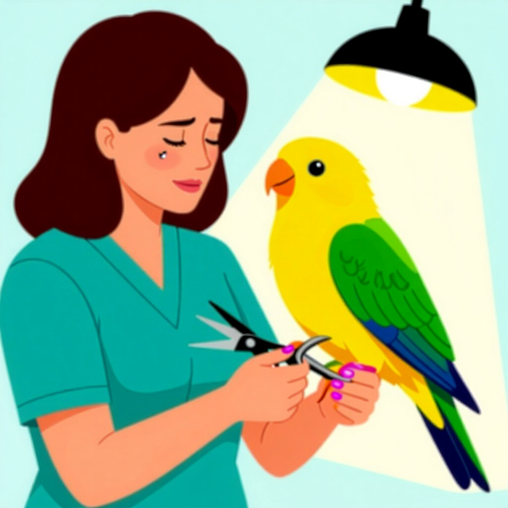 AI generated bird: picture about bird care. picture style: comic body position bird owners painfree nail trimming, high
