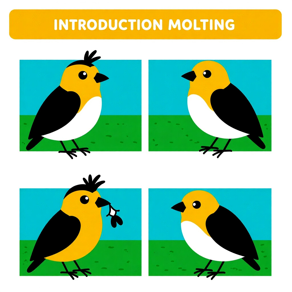 AI generated image: picture about bird care. picture style: comic introduction set stressfree molting, high quality, det