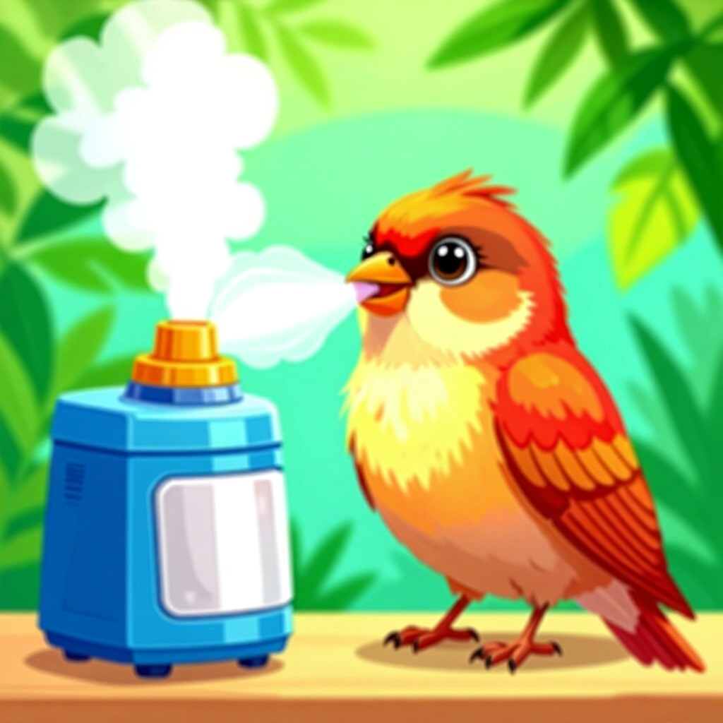 AI generated image: picture about bird care. picture style: comic pets safely administer nebulized s m, high quality, de