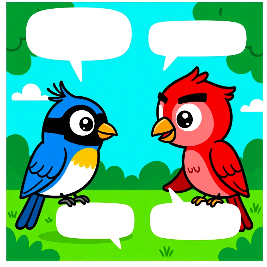 AI generated image: picture about bird care. picture style: comic community says core social interaction strategies, hig
