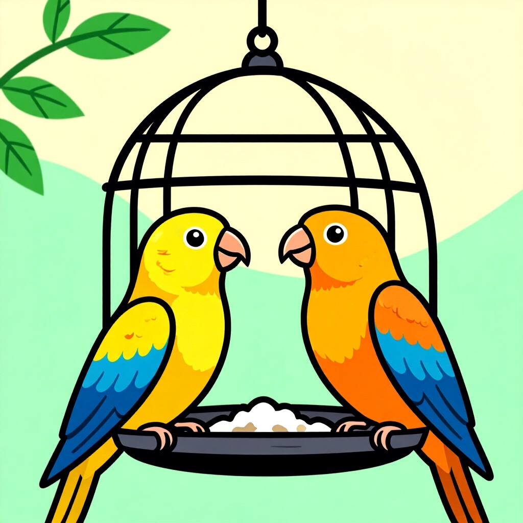 AI generated image: picture about bird care. picture style: comic creating lowstress aviary s m, high quality, detailed
