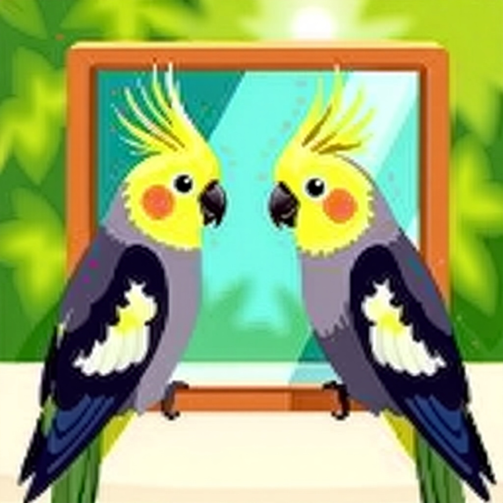 AI generated cockatiel: picture about bird care. picture style: comic reality check cockatiel interactive mirror play, high