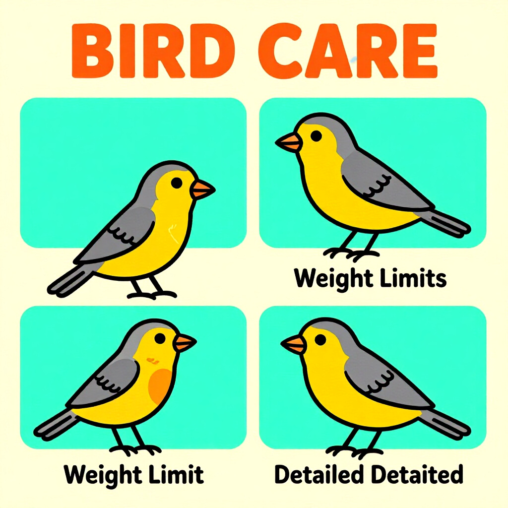 AI生成画像: 鳥のケアに関する画像。画像スタイル: 重量制限を評価するコミック調の種紹介、高画質