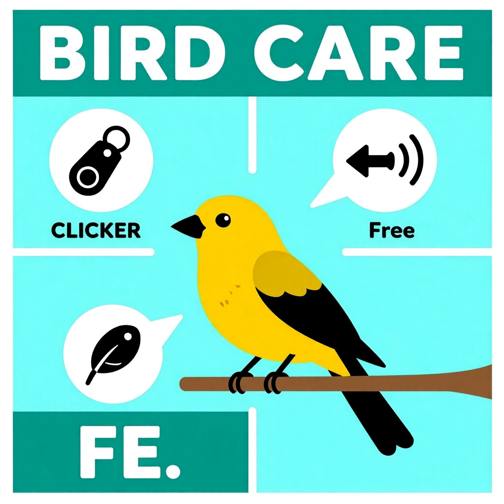 AI generated image: picture about bird care. picture style: comic key components clicker clickerfree transition phasing,