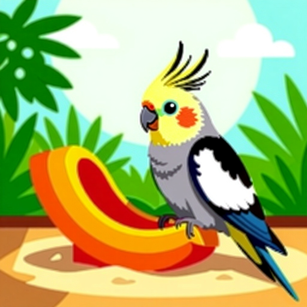 AI generated cockatiel: picture about bird care. picture style: comic cockatiel creating play area s m, high quality, detail