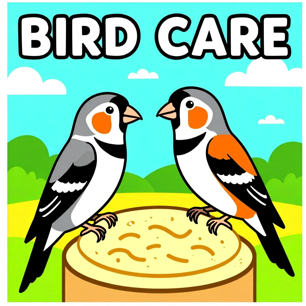 AI generated finch: picture about bird care. picture style: comic introduction training zebra finches, high quality, det