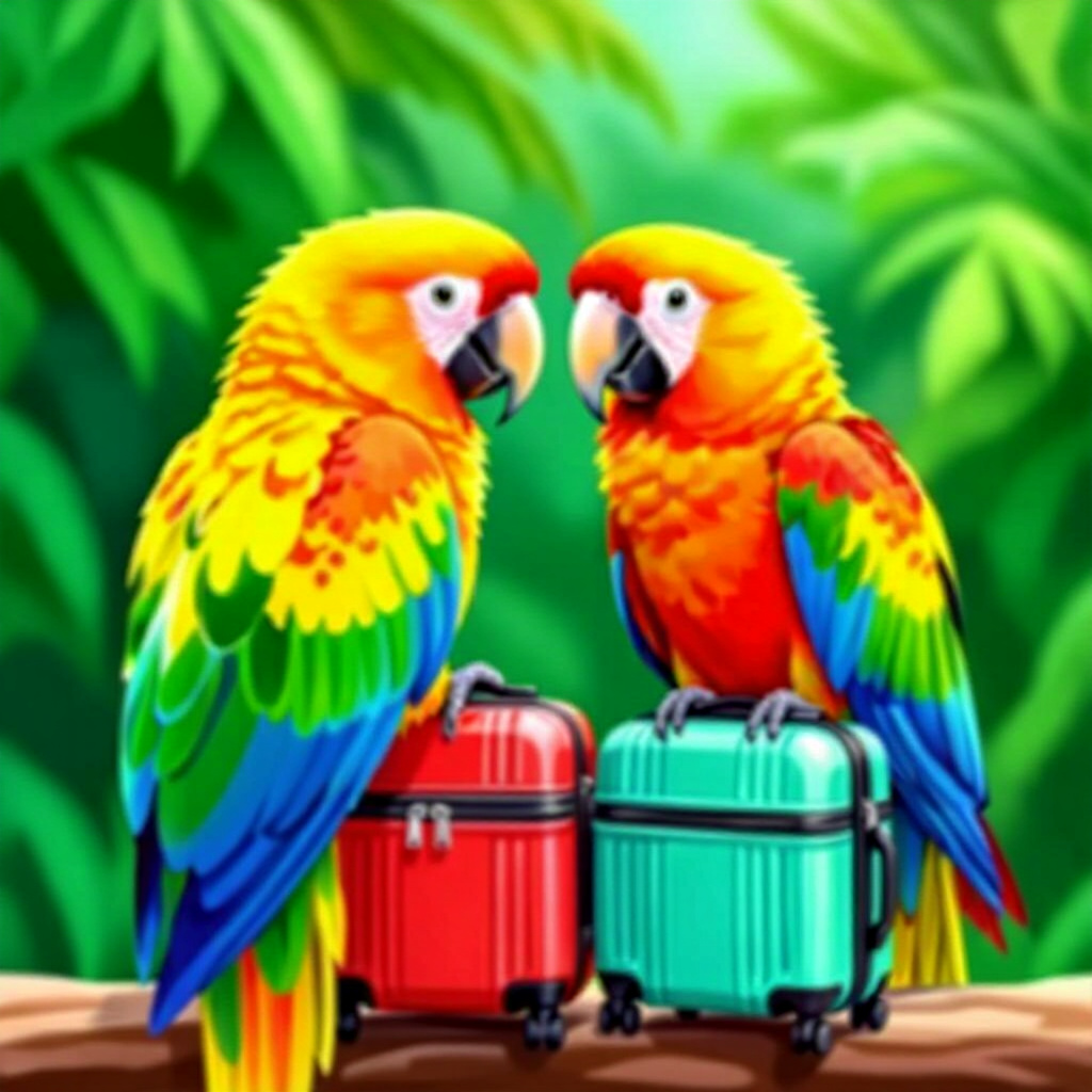 AI generated bird: picture about bird care. picture style: comic bird parrots choose perfect carryon s m, high quality,