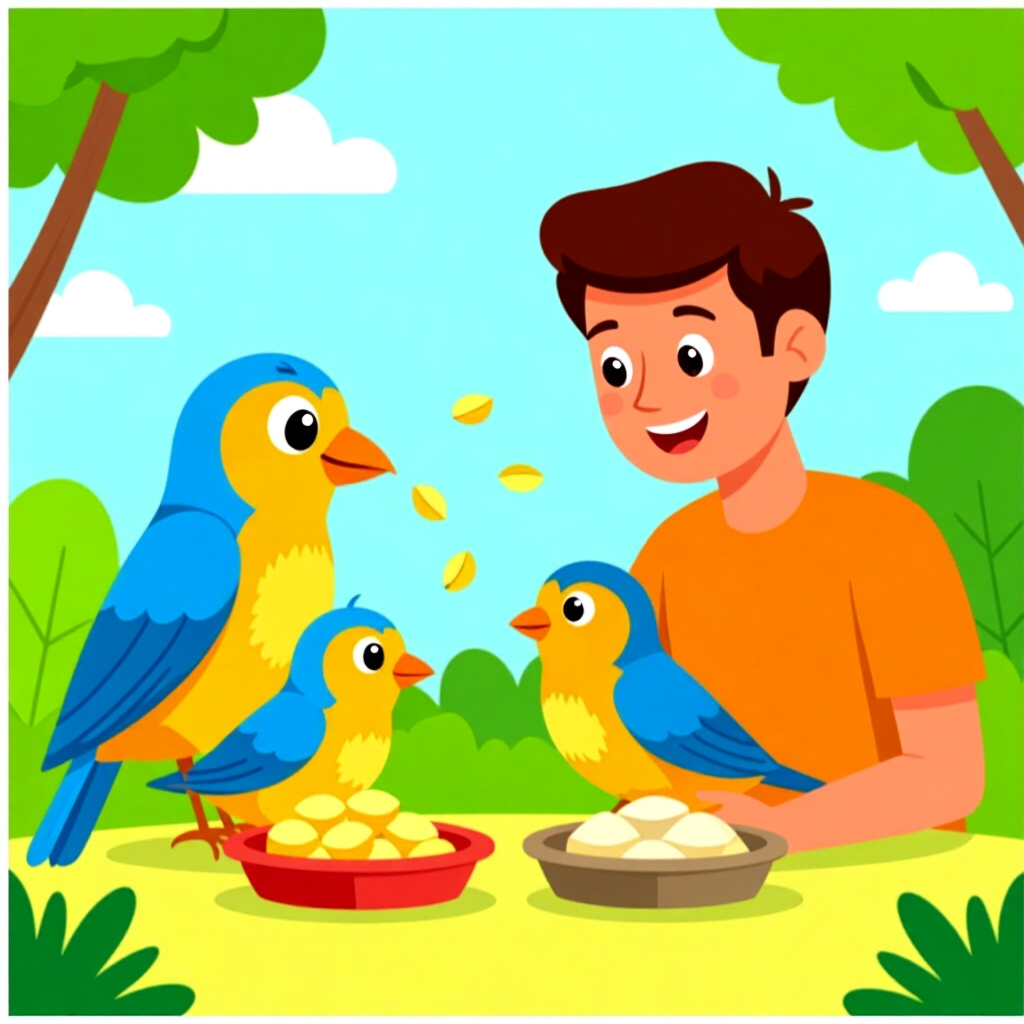 AI generated image: picture about bird care. picture style: comic introduction feeding trust using, high quality, detail