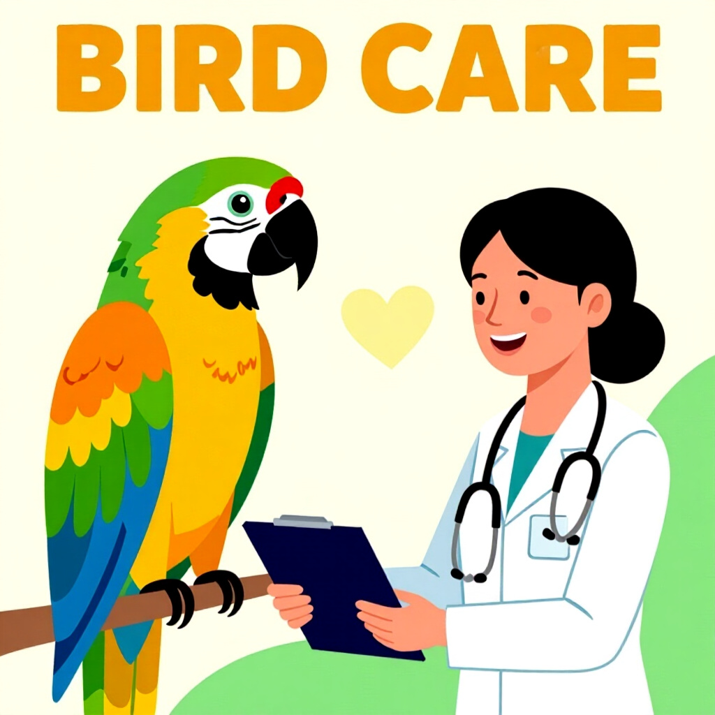 AI generated parrot: picture about bird care. picture style: comic introduction parrot owners complete previsit health, h
