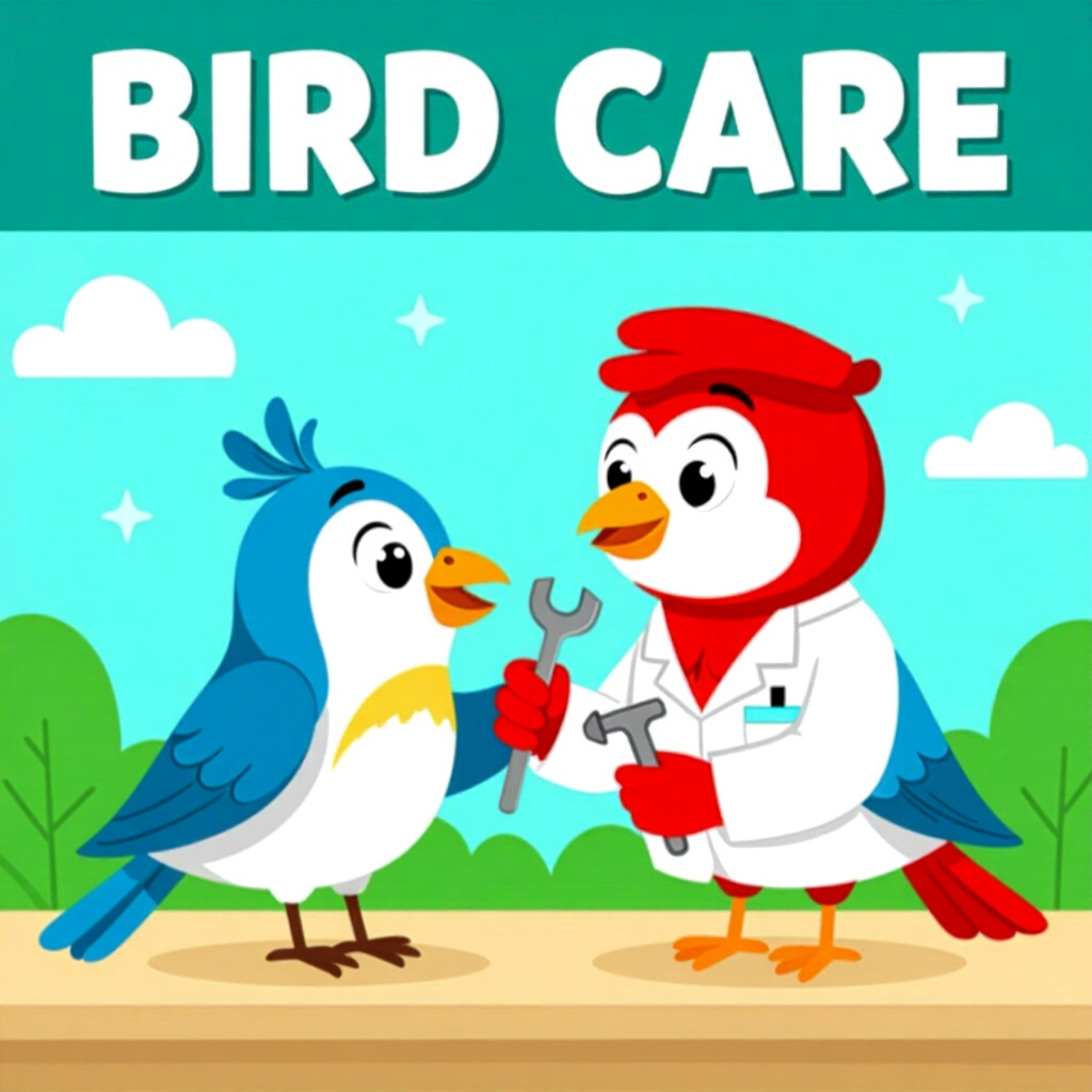 AI generated bird: picture about bird care. picture style: comic introduction bird preparing small vet, high quality, d