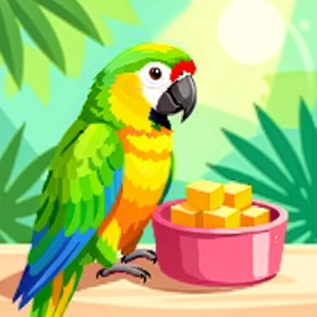 AI generated parrots: picture about bird care. picture style: comic parrot small gets stuck parrots home remedies dietary,