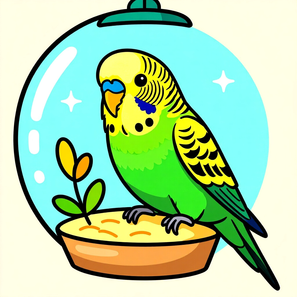 AI generated image: picture about bird care. picture style: comic introduction diy budgerigar enrichment, high quality,