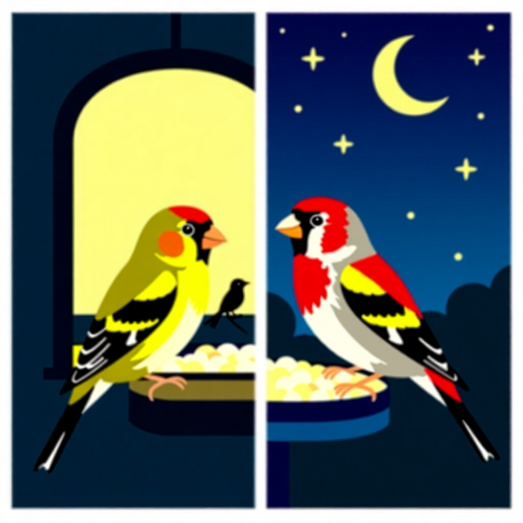 AI生成のフィンチ:鳥のお世話に関する画像。画像スタイル:コミック風の夜のルーティン作業、フィンチの種類、夜間の馴致