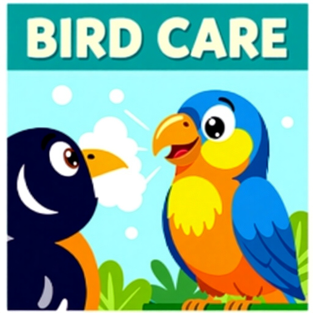 AI generated image: picture about bird care. picture style: comic introduction pets safely administer nebulized, high qu