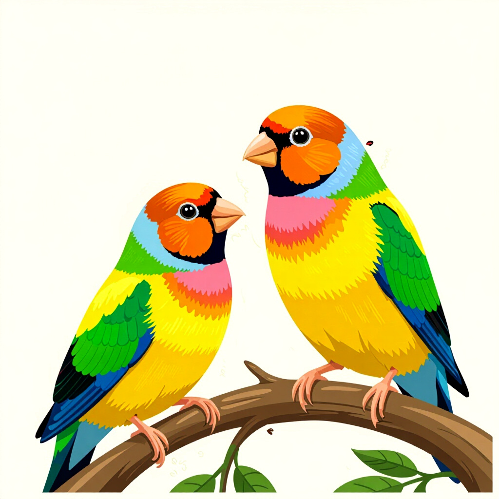 AI generated finch: picture about bird care. picture style: comic introduction molting gouldian finches, high quality, d