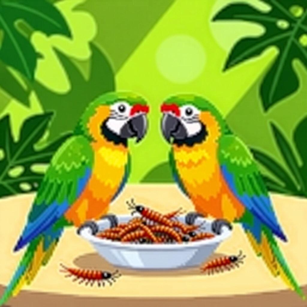 AI generated parrots: picture about bird care. picture style: comic parrots introducing mealworms small s m, high quality,