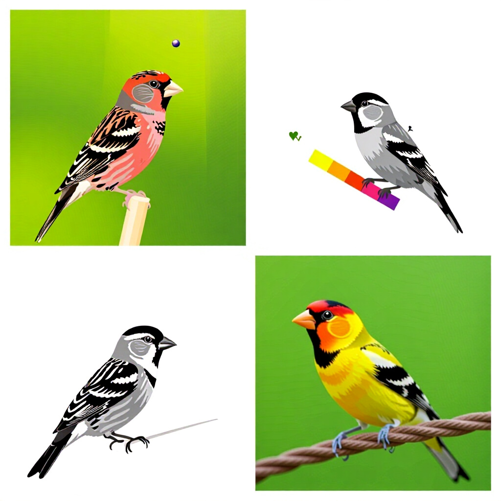 AI生成フィンチ:鳥のケアに関する画像。画像スタイル:コミック光周期スペクトル問題フィンチゼブラ繁殖基本