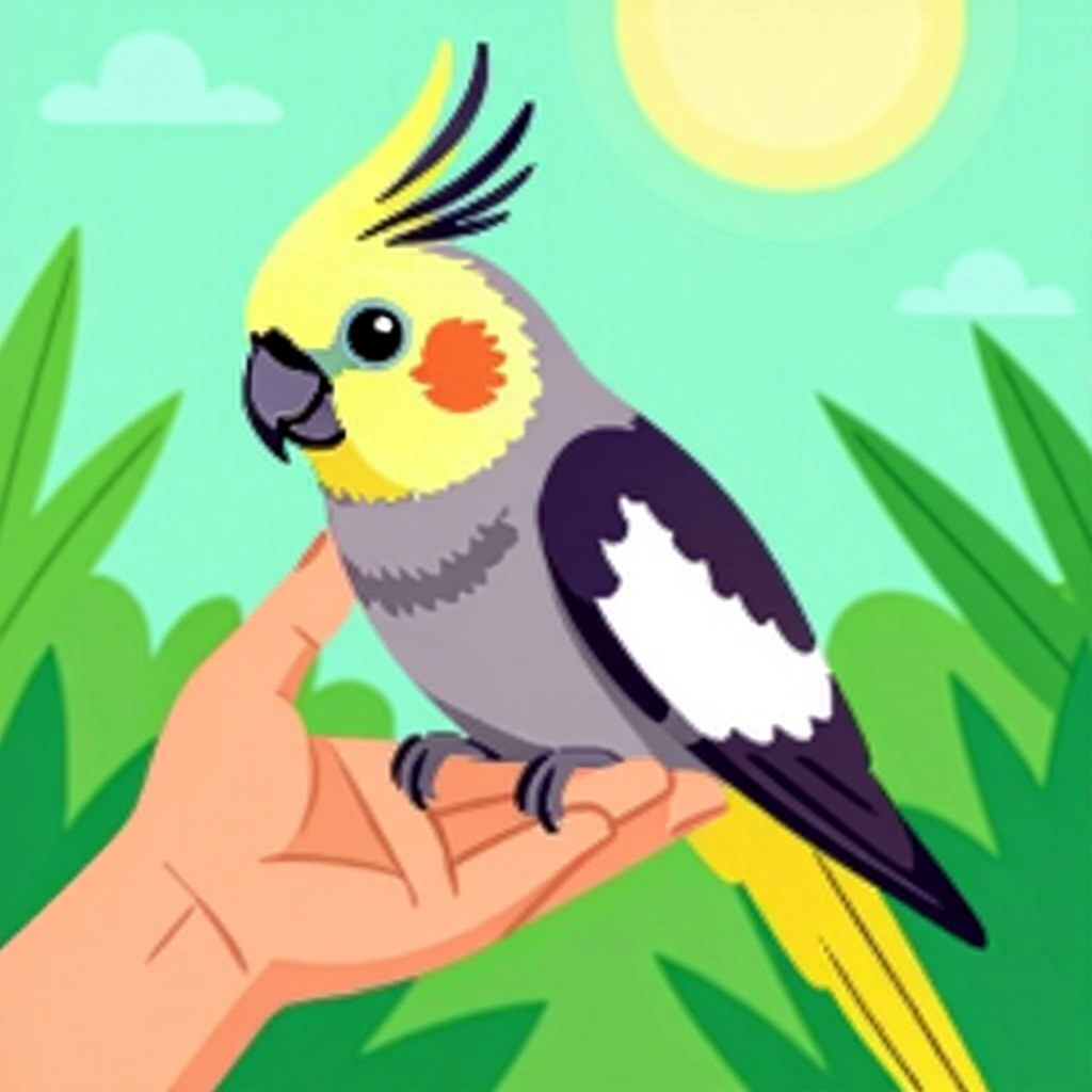 AI generated cockatiel: picture about bird care. picture style: comic cockatiel week1 handtaming blueprint s m, high quality