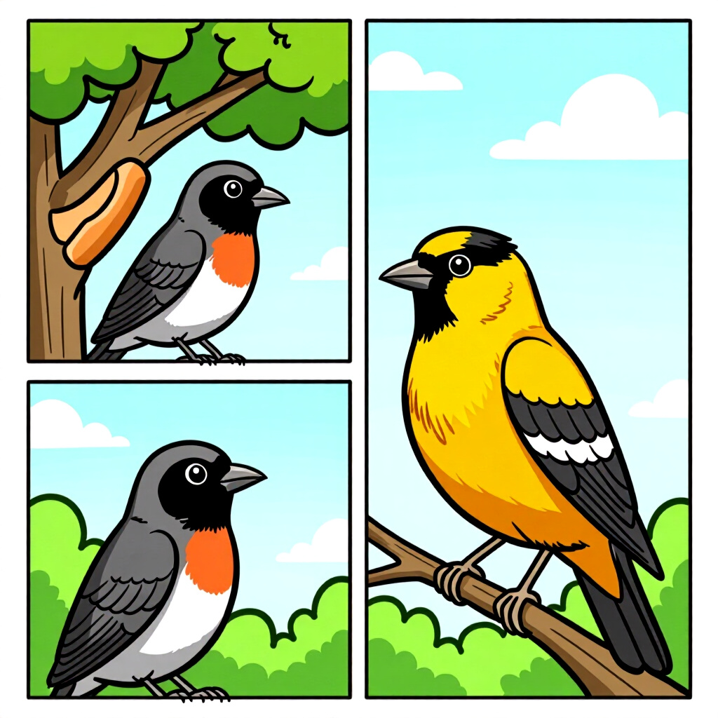 AI生成画像:鳥のケアに関する画像。画像スタイル:縄張りストレスの管理に関するコミック風イントロダクション、高品質