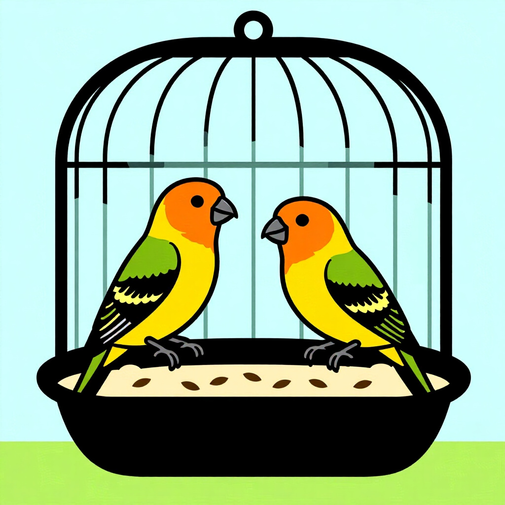 AI generated image: picture about bird care. picture style: comic minimum cage size housing java munias, high quality, d