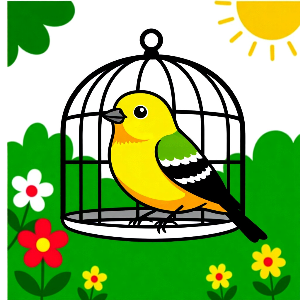 AI generated bird: picture about bird care. picture style: comic bird pets garden cage safe s m, high quality, detailed