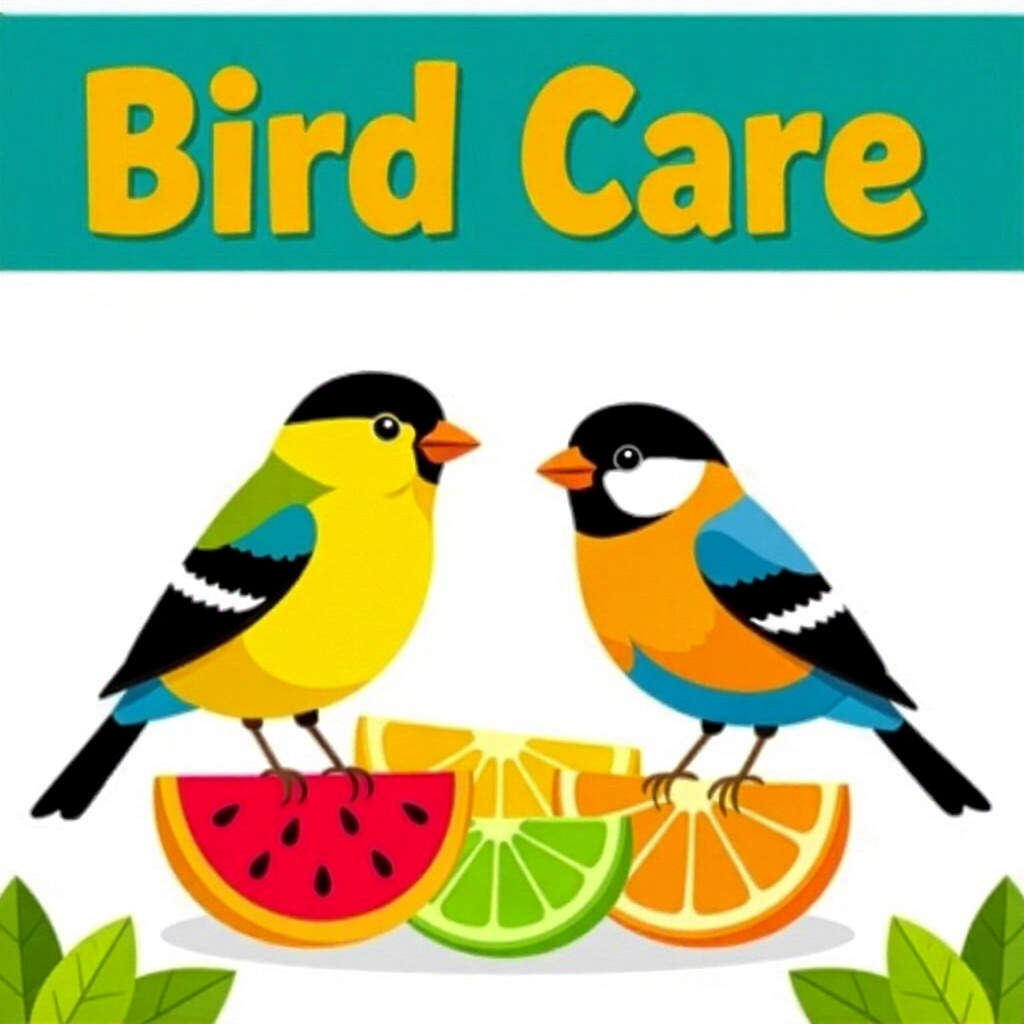 AI generated birds: picture about bird care. picture style: comic introduction birds allergyfree fruit snacks, high qual