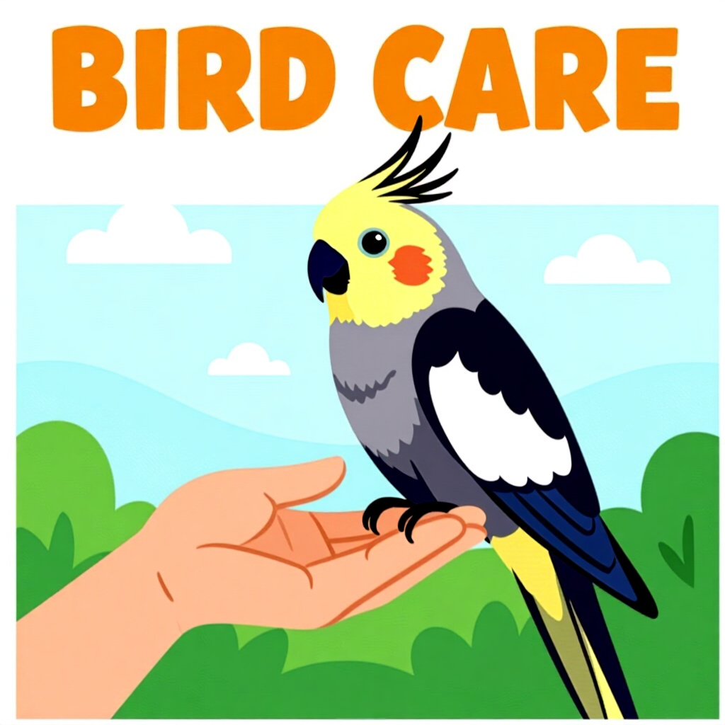 AI generated cockatiel: picture about bird care. picture style: comic treatfromoutside method cockatiel week1 handtaming blu