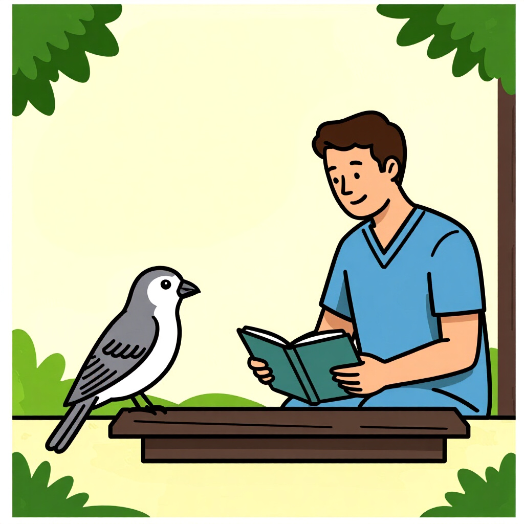 AI生成画像:鳥のケアに関する画像。画像スタイル:コミック ベースライン評価 静かな時間ルーティン、高品質、