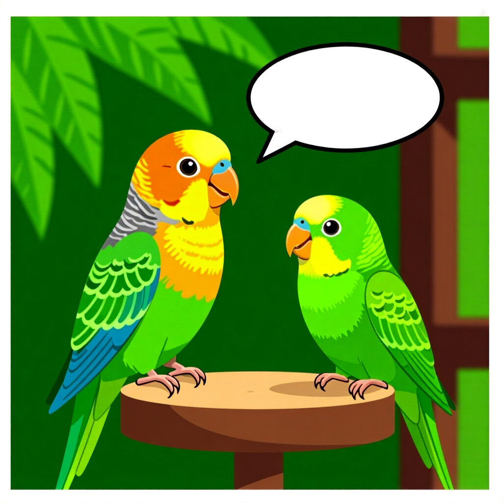 AI generated image: picture about bird care. picture style: comic realworld success story training grassparakeet talk, h
