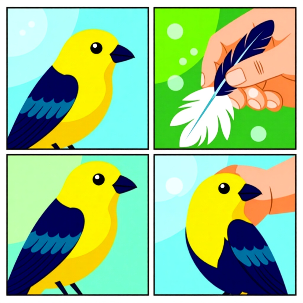 AI generated image: picture about bird care. picture style: comic stepbystep routine feathercleansing s m, high quality,