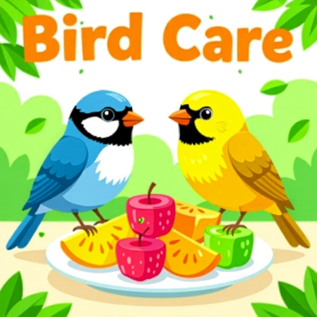 AI generated birds: picture about bird care. picture style: comic birds allergyfree fruit snacks s m, high quality, deta