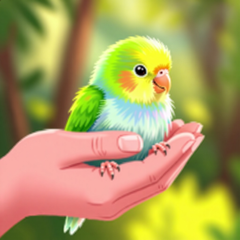 AI generated parrot: picture about bird care. picture style: comic handraise parrotlet chick s m, high quality, detailed