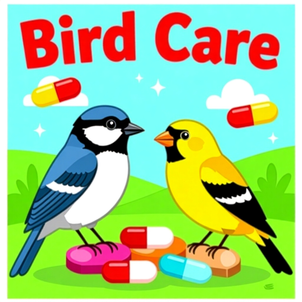 AI generated image: picture about bird care. picture style: comic vitamin mineral supplements s m, high quality, detaile