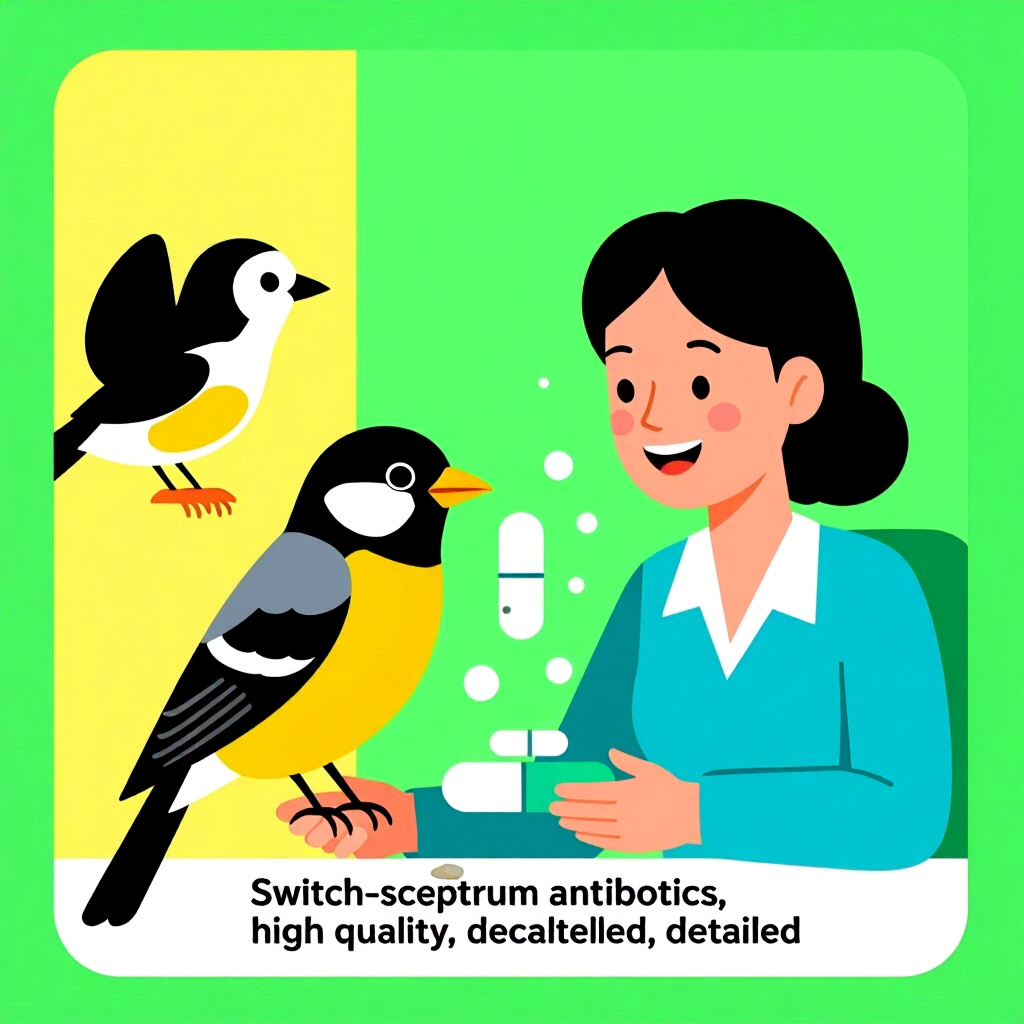 AI generated image: picture about bird care. picture style: comic introduction switch broadspectrum antibiotics, high qu
