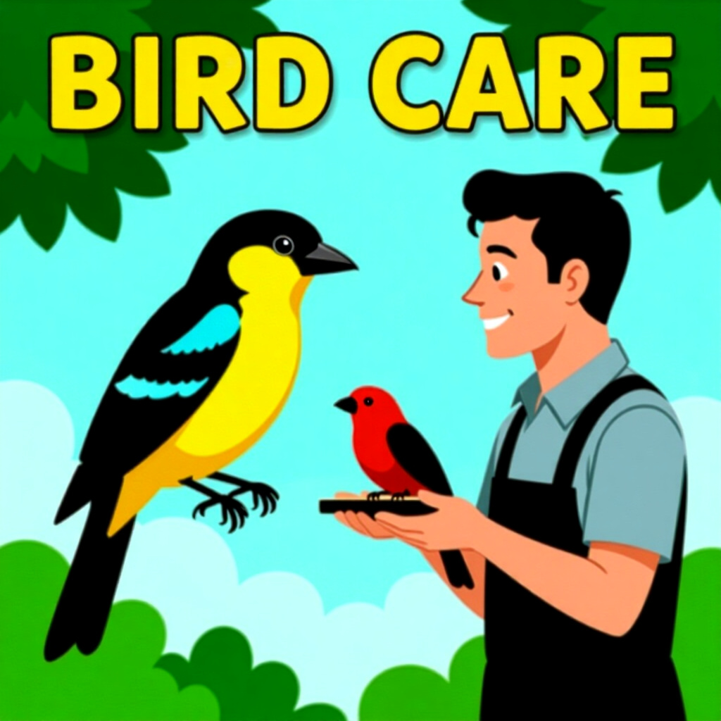 AI generated image: picture about bird care. picture style: comic recall cue building s m, high quality, detailed