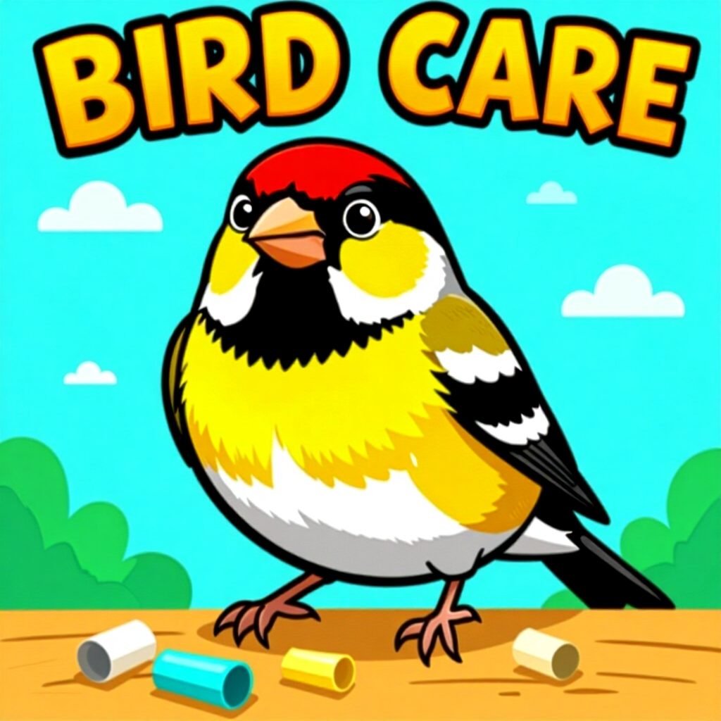 AI generated finch: picture about bird care. picture style: comic finch chewing chaos create s m, high quality, detailed