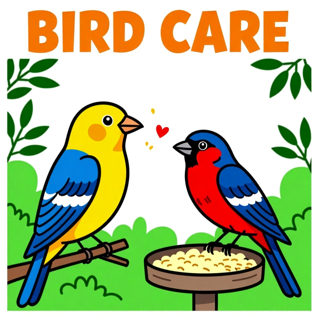 AI generated birds: picture about bird care. picture style: comic printable sheet works birds using positive reinforceme