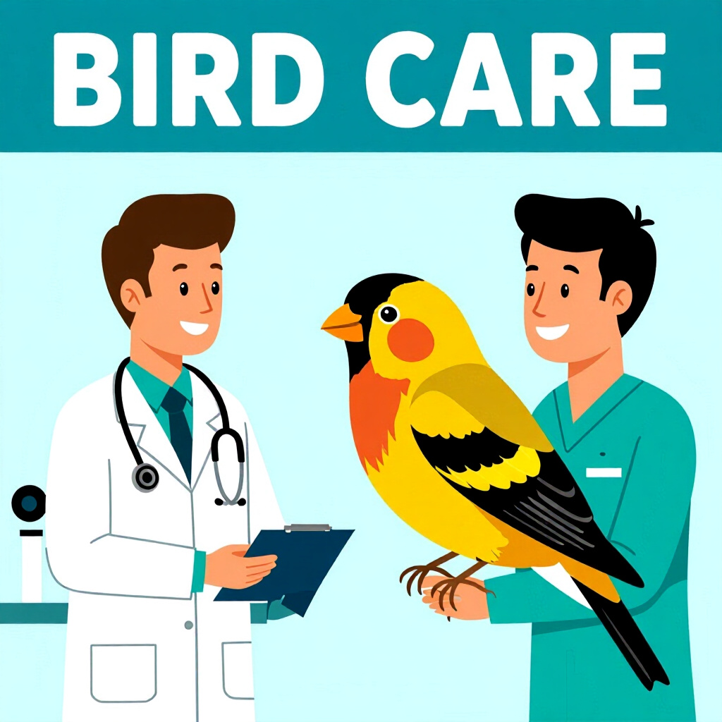 AI generated finch: picture about bird care. picture style: comic introduction finch veterinarians checklist spotting, h