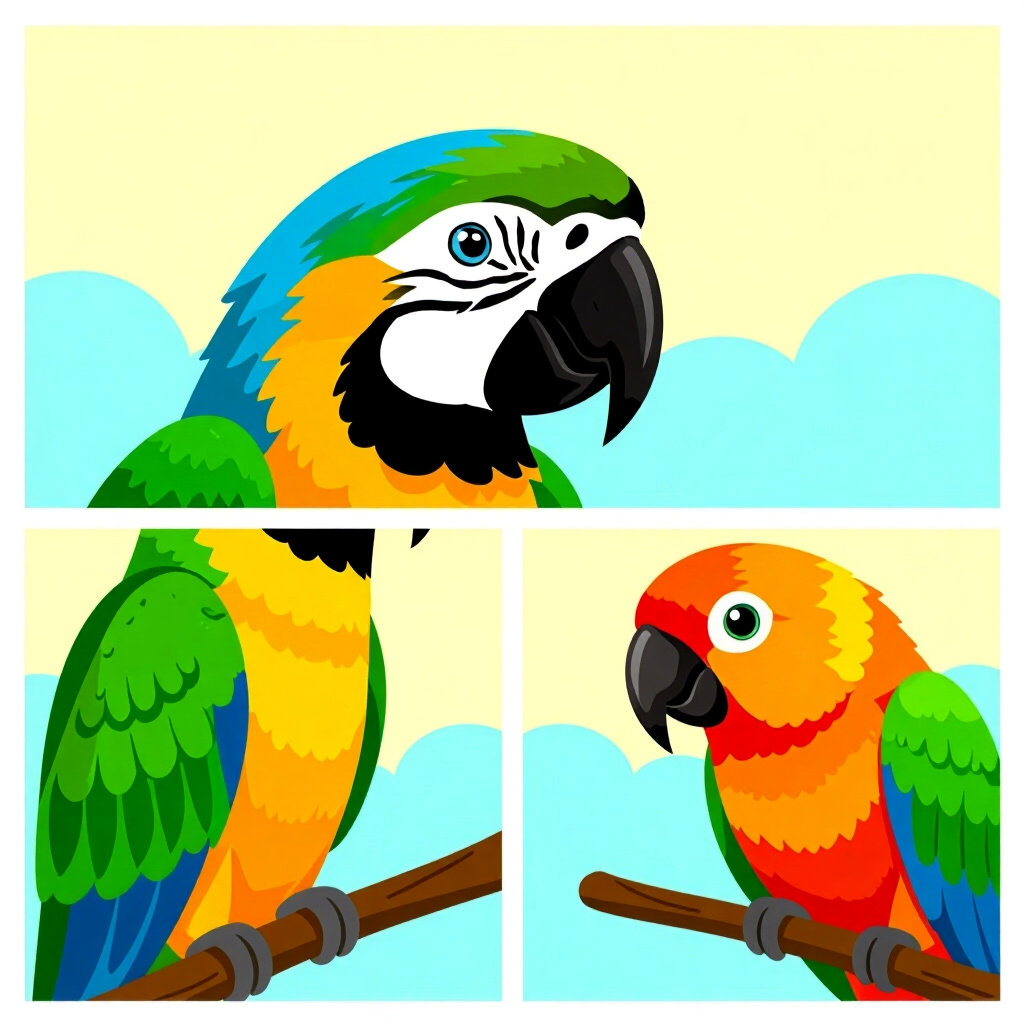 AI generated parrots: picture about bird care. picture style: comic introduction parrots diy respiratory support, high qua
