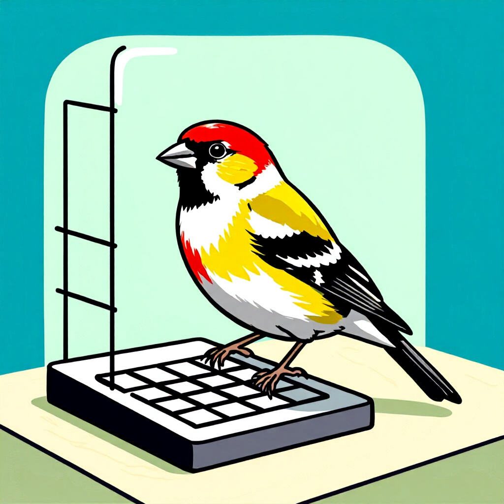 AI生成の鳥:鳥の飼育に関する画像。画像スタイル:コミック風 研究室動物施設の基本的な平方フィート面積を計算するフィンチの鳥を描いた漫画風画像