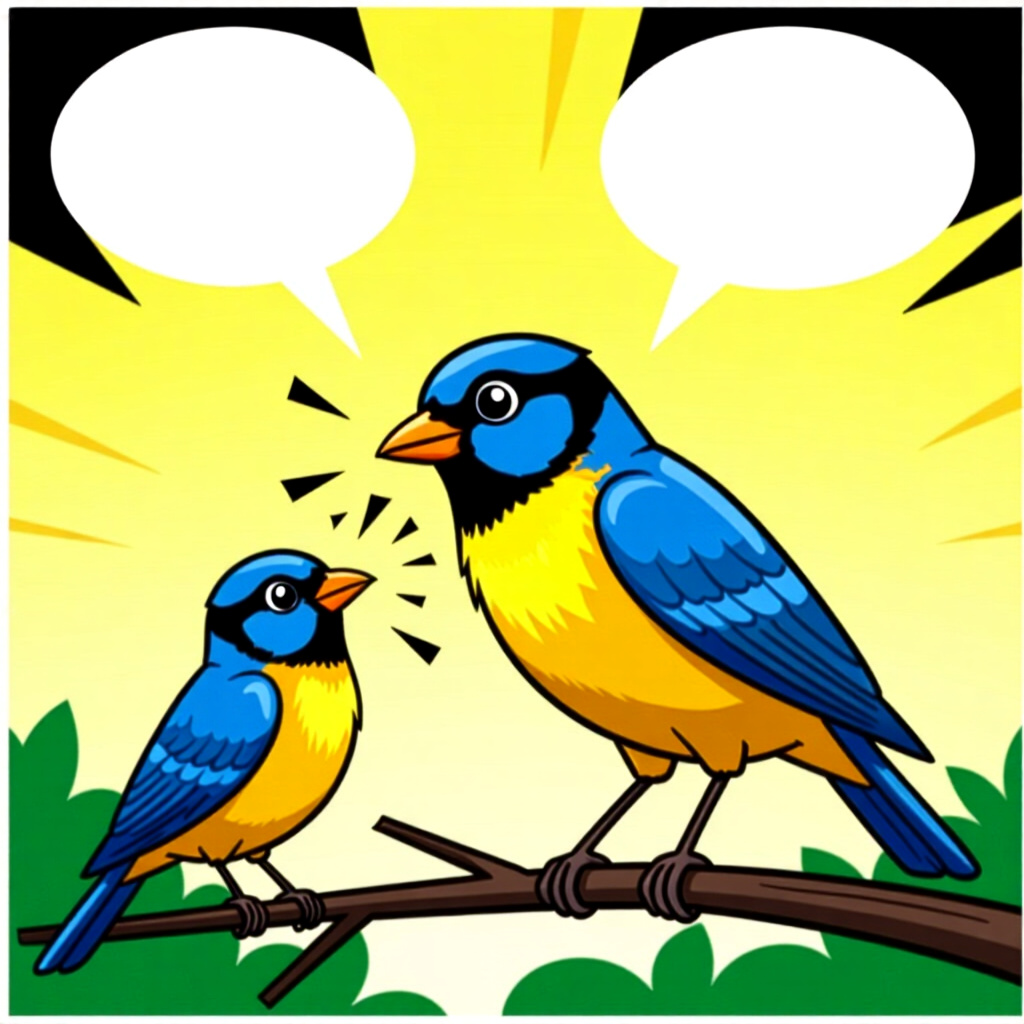 AI生成の鳥:鳥の世話に関する画像。画像スタイル:漫画風、鳥が発話を分解する紹介、高品質、