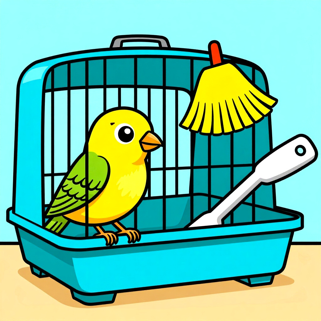 AI generated image: picture about bird care. picture style: comic diy weekly cage deepclean, high quality, detailed